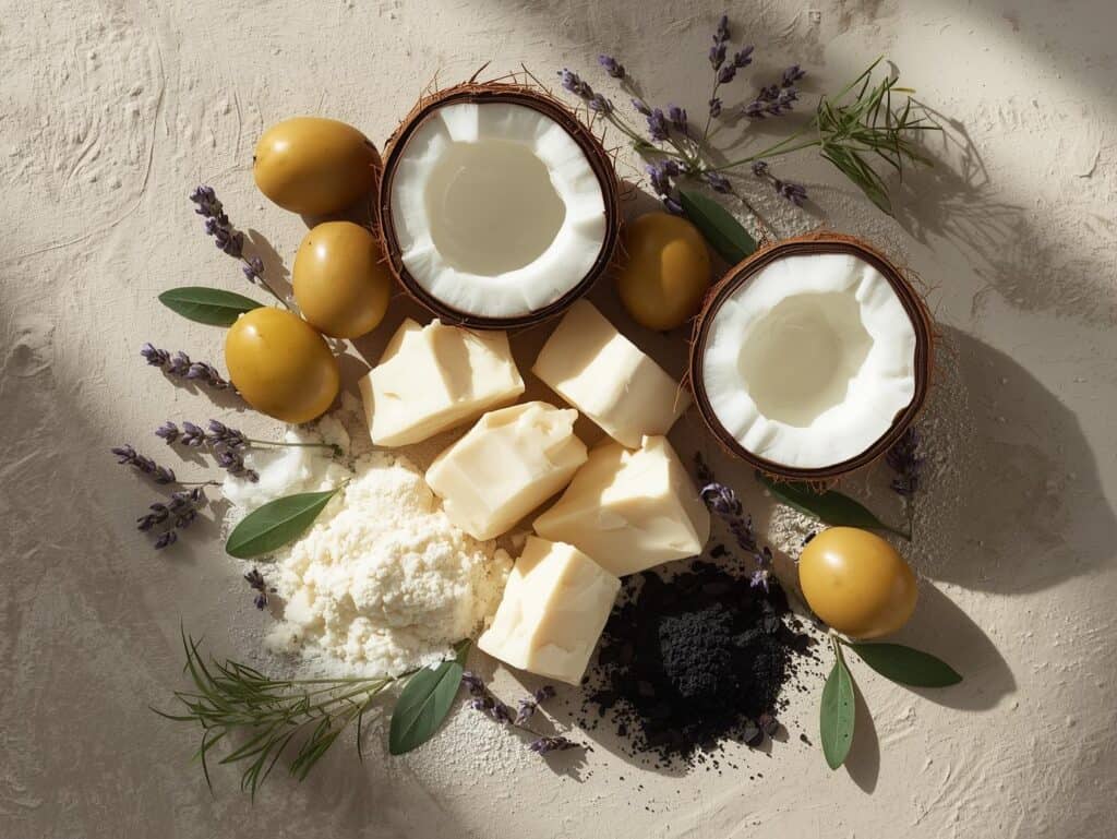 Fresh organic soap ingredients including coconut, lavender, and olive leaves for skincare.