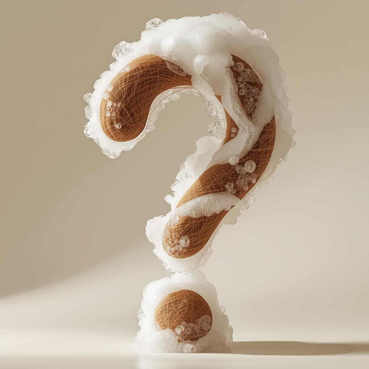 Soap with foam and bubbles forms a question mark shape, symbolizing skincare curiosity.