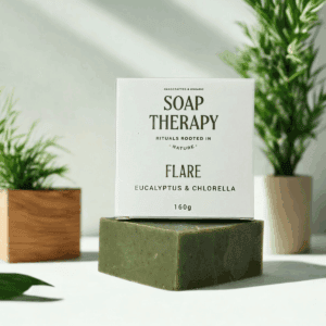 Handcrafted organic soap with eucalyptus and chlorella for hydrating skin.