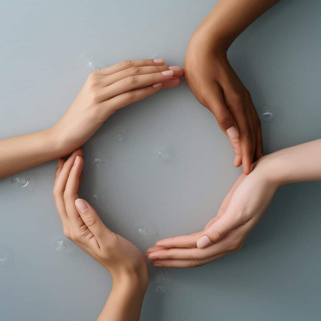 Close-up of diverse hands gently massaging with soap bubbles, highlighting relaxation and skincare benefits.