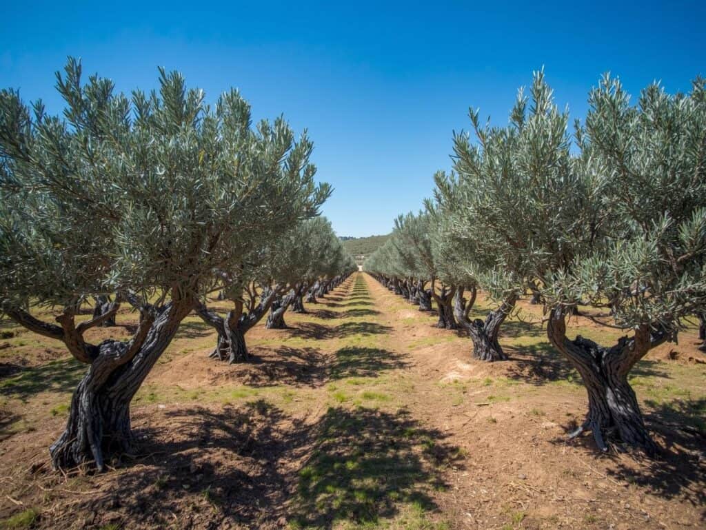 Olive trees in a farm, source of high-quality olive oil for soap making.