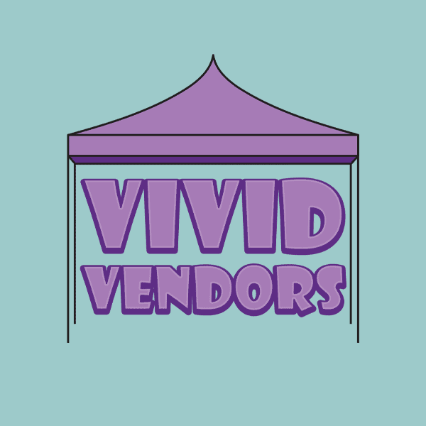 Vivid Vendors logo displayed on a purple tent at the Garden of Vendors event.