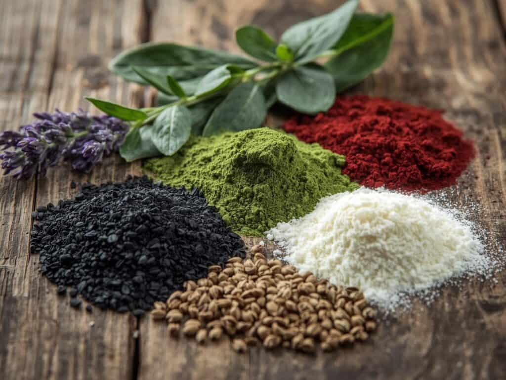 Herbal ingredients including basil, lavender, and various powders for soap therapy and skincare.