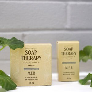 Natural soap bar for skin health and relaxation, featuring M.E.R. ingredients from Soap Therapy.